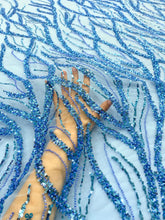 Dantela Couture Sky Blue cu Siraguri, cu Margele si Paiete
